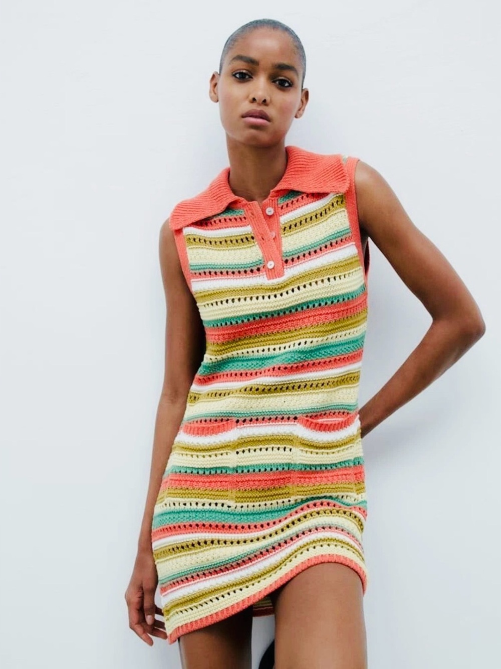 NWT Zara Colorful Striped Crochet Knit Collared Mini Dress Sleeveless Boho - S